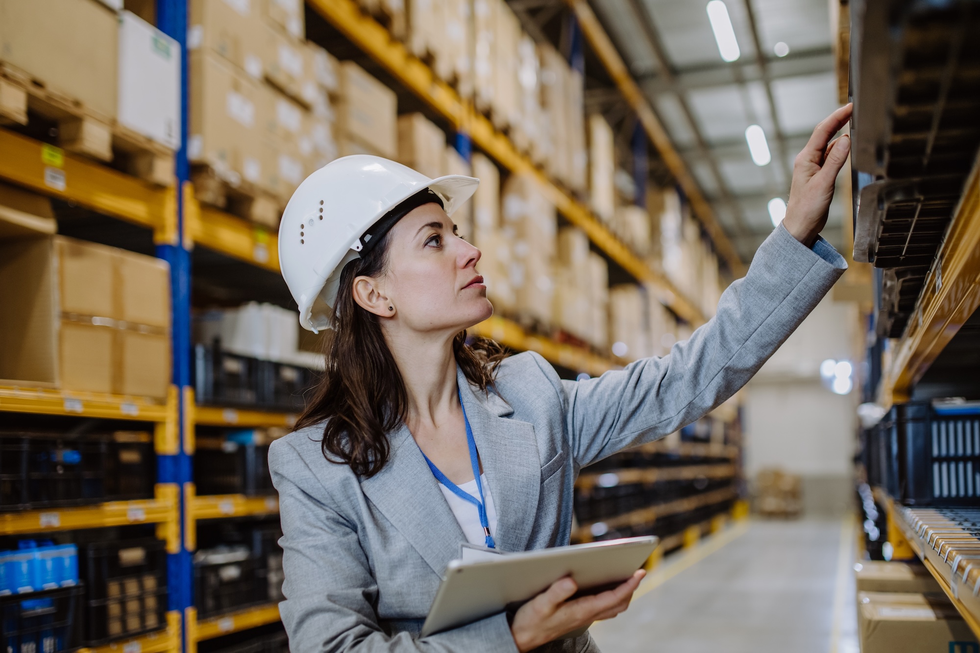 Manager woman in suit controlling goods in a waehouse. Homepage
